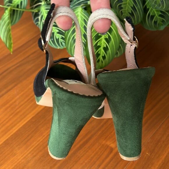 Lulu Hun ModCloth Black, White & Green peep toe Slingback Heels platform size 9 - Picture 5 of 10